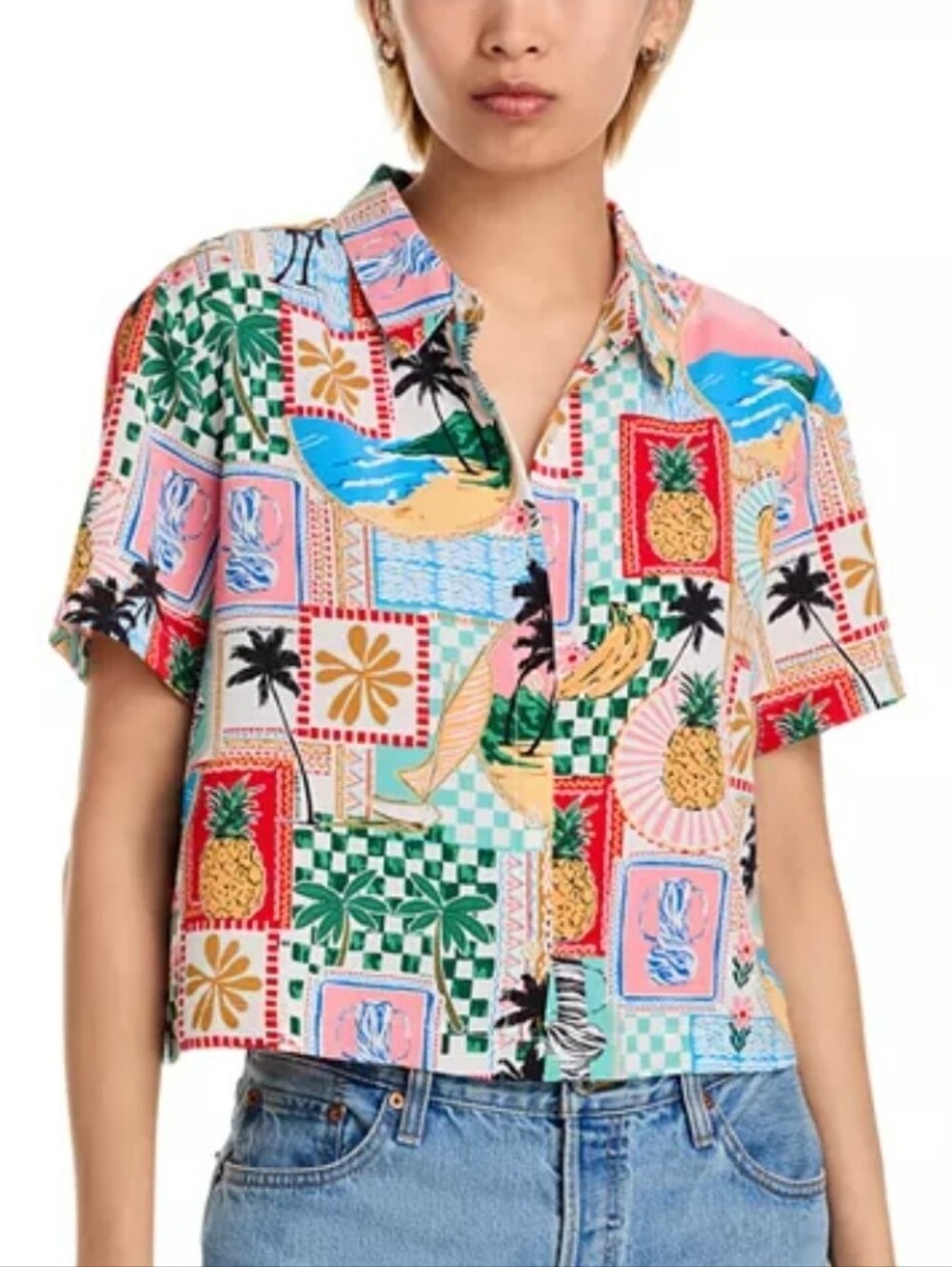 Skies Are Blue Boxy Multicolor Postcard Shirt Tropical Vacay